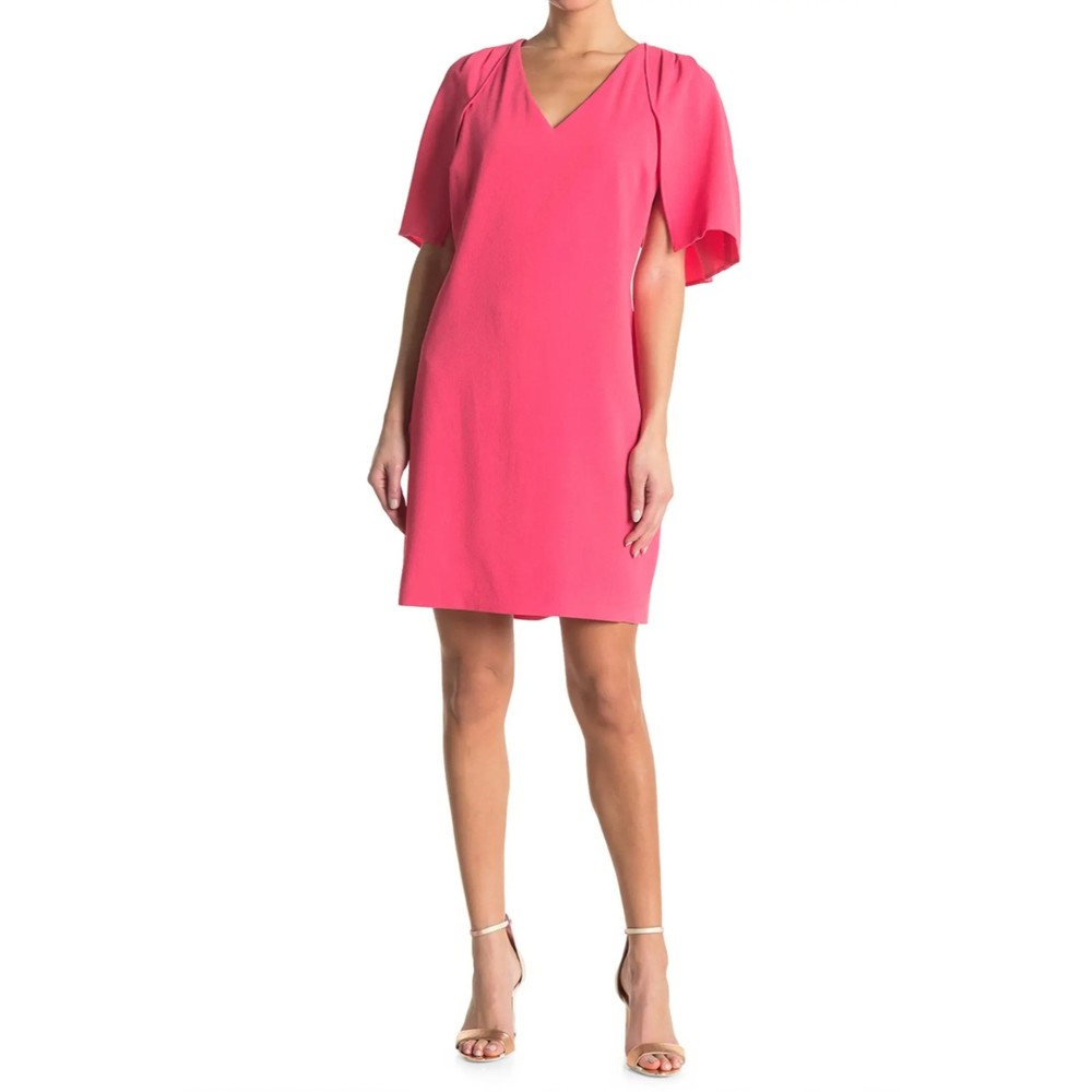Trina Turk Tropical Tie Back Dress 8 Pink Crepe Textured Cape Sleeves Shift NWT
